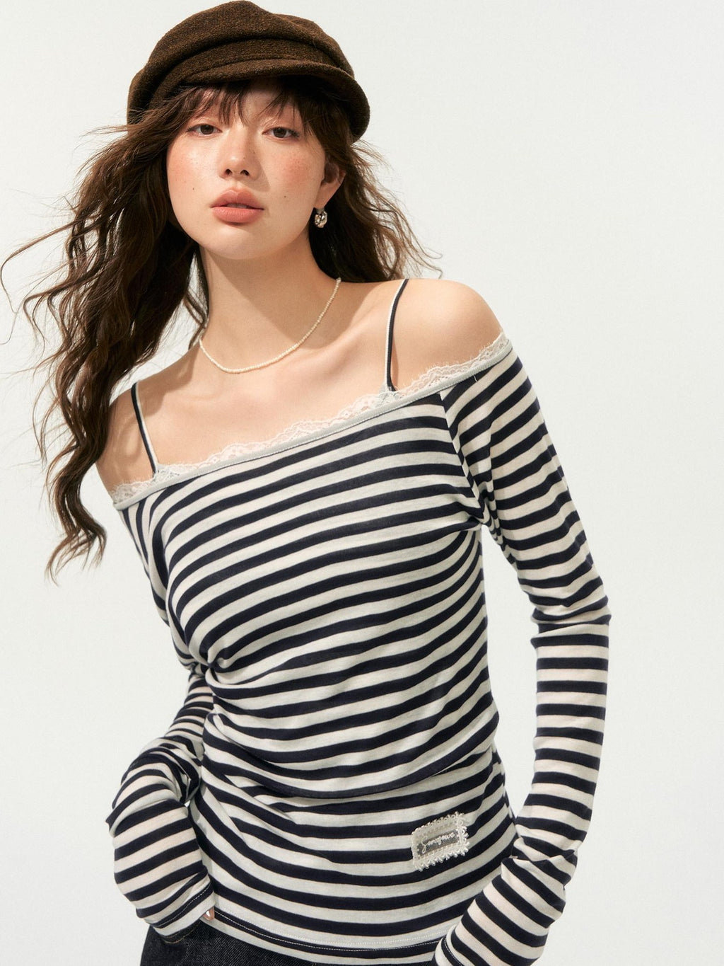 SOMESOWE Lyocell Blend Oversized Commuter Creative Navy Striped Women Long Sleeve T-Shirts