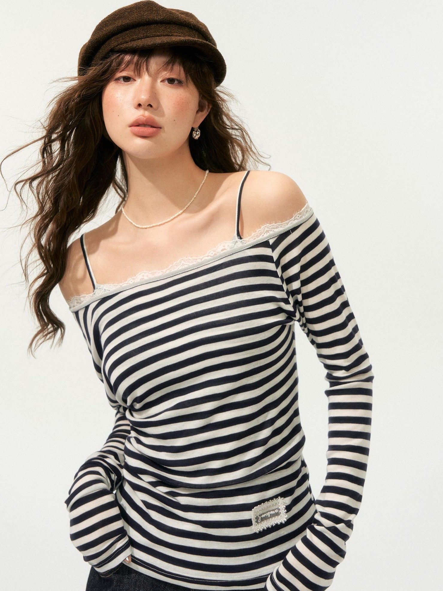 SOMESOWE Lyocell Blend Oversized Commuter Creative Navy Striped Women Long Sleeve T-Shirts