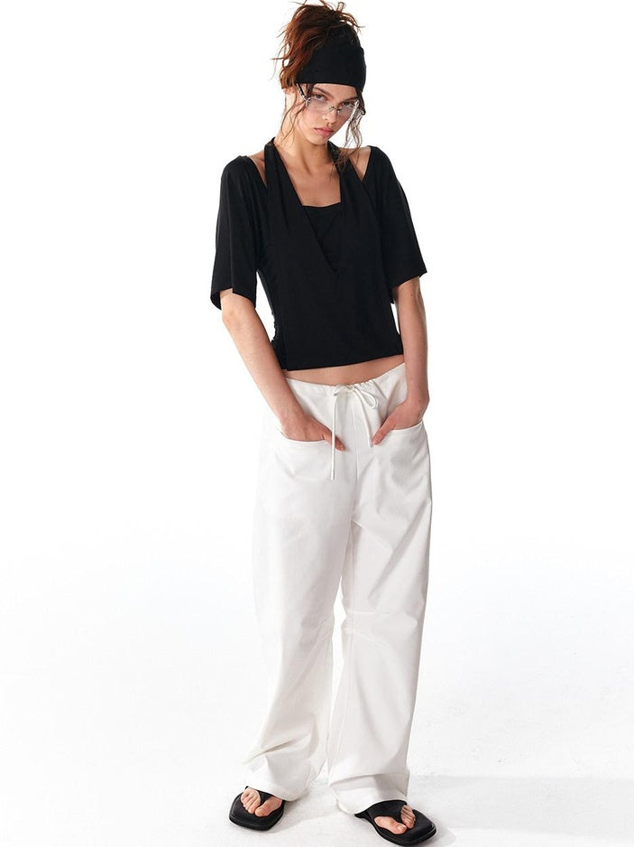 ALINNVSTUDIO Backless Slim Fit Modal Stretch Pullover Short Solid Color Halter Crop Tops