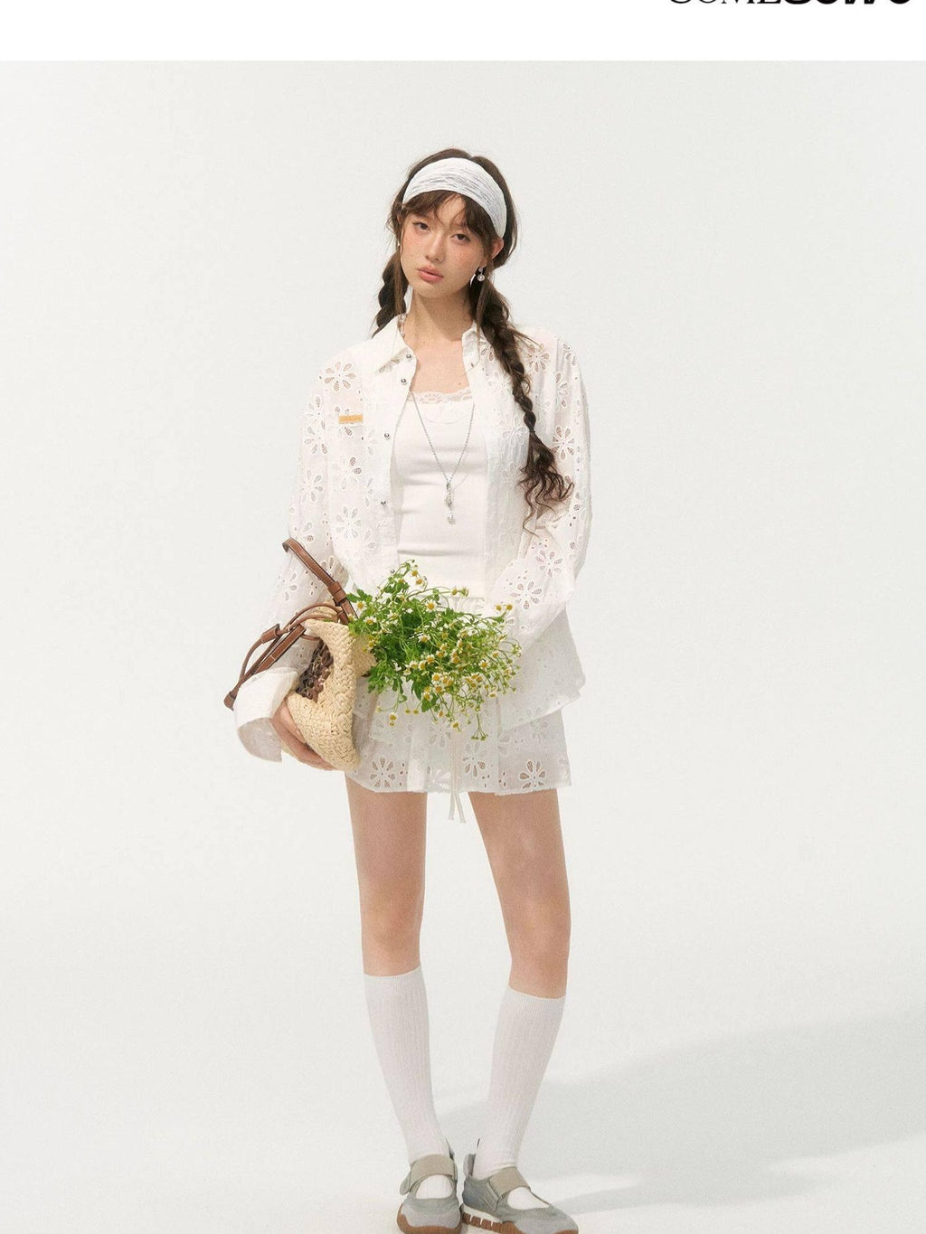 SOMESOWE Floral Cotton Collared Button Long Sleeve Casual Women Top & Skirt Sets