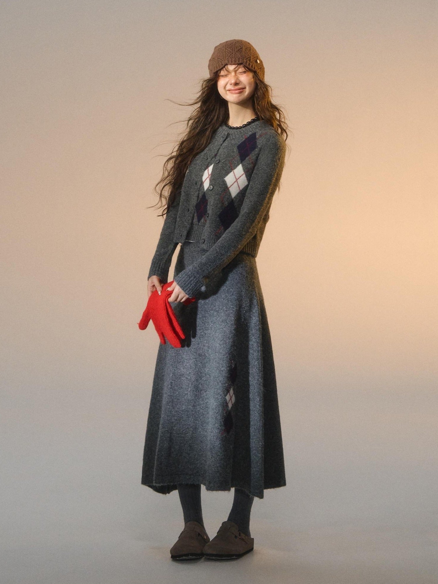 SOMESOWE Embroidered Plaid Slim Fit Long Sleeve Crew Neck Women Casual Top & Skirt Sets