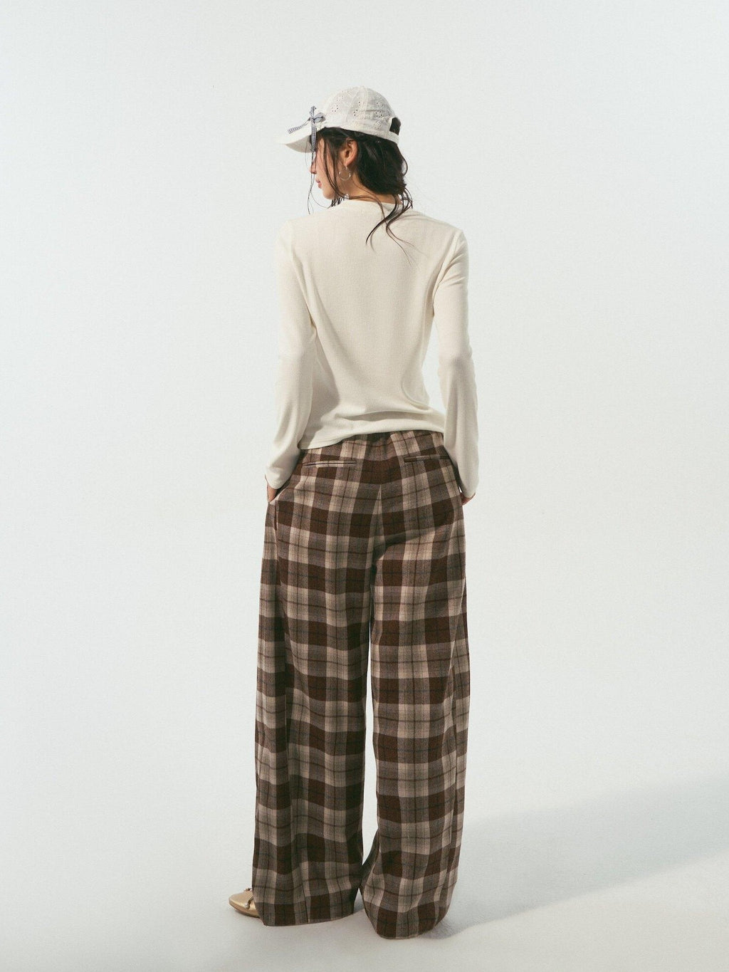 SOMESOWE Original Plaid Pocket Relaxed Curved Natural Waist Women Daily Grey Sweatpants