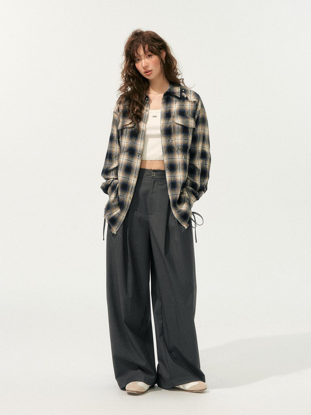SOMESOWE Plaid Pocket Loose Fit Natural Waist Button Grey Casual Women Wide Leg Pants