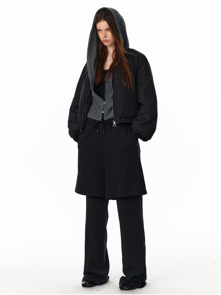 ALINNVSTUDIO Vintage Faux Layered Hooded Zip Knit Short Length Women Black Gray Cardigans