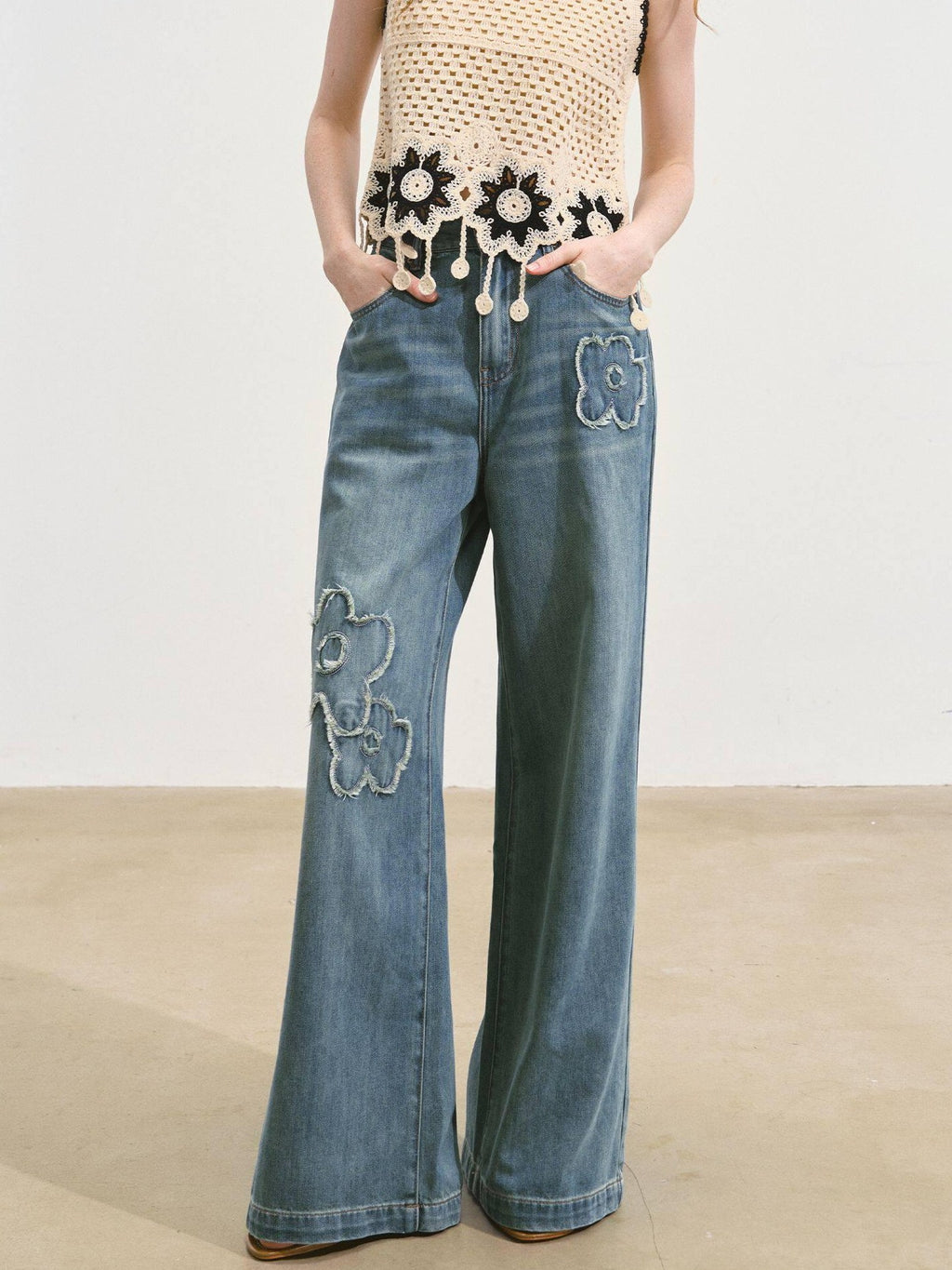 SOMESOWE Washed Cotton Stretch Casual Natural Waist Denim Womens Straight Leg Jeans