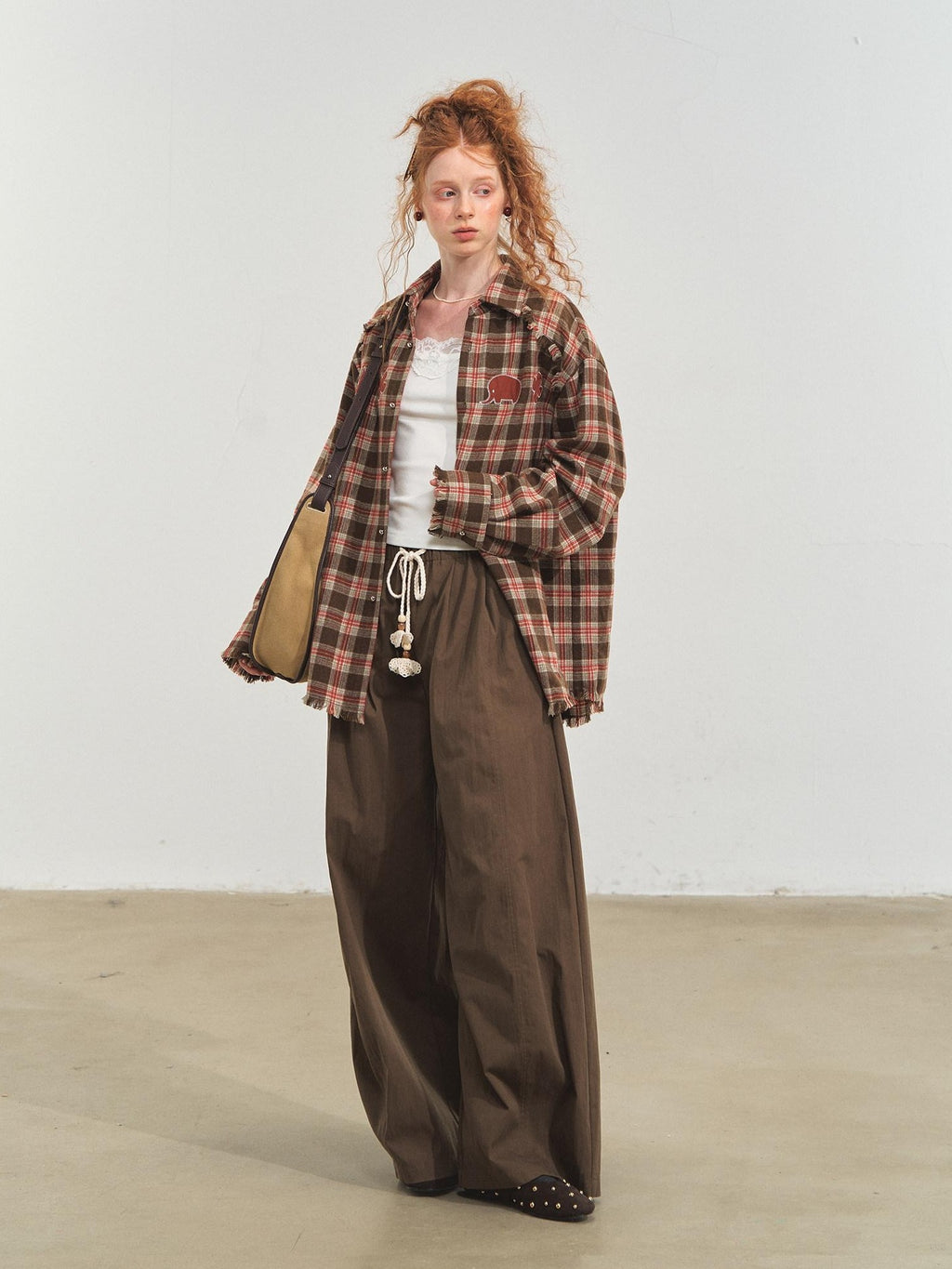 SOMESOWE Original Plaid Pocket Button Natural Waist Cotton Blend Women Wide Leg Pants