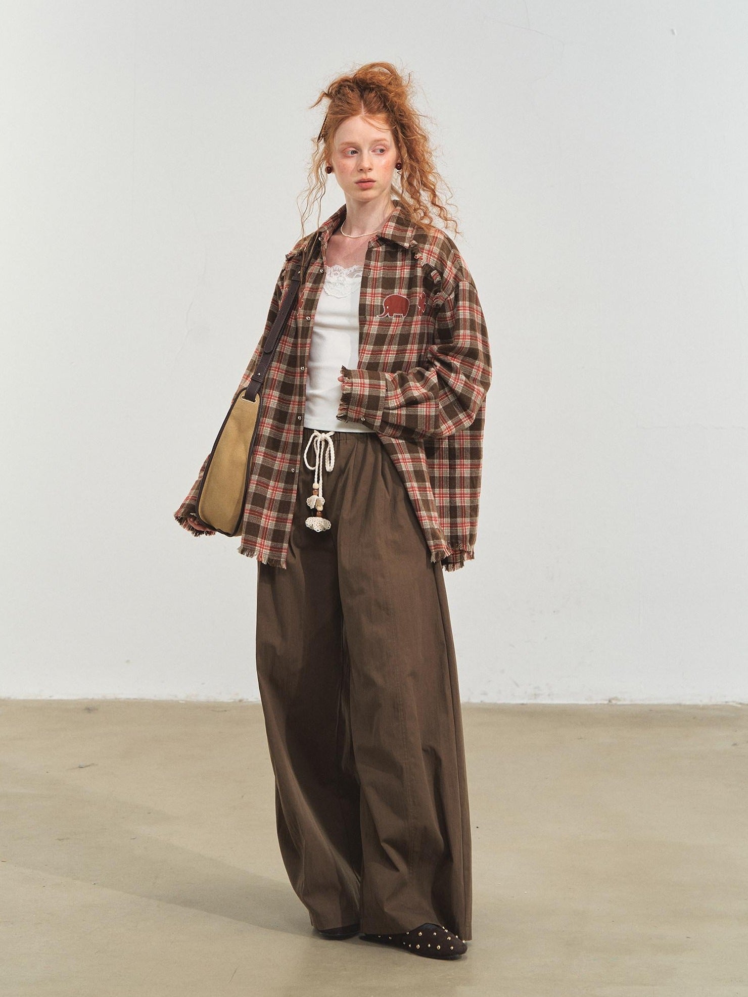SOMESOWE Original Plaid Pocket Button Natural Waist Cotton Blend Women Wide Leg Pants