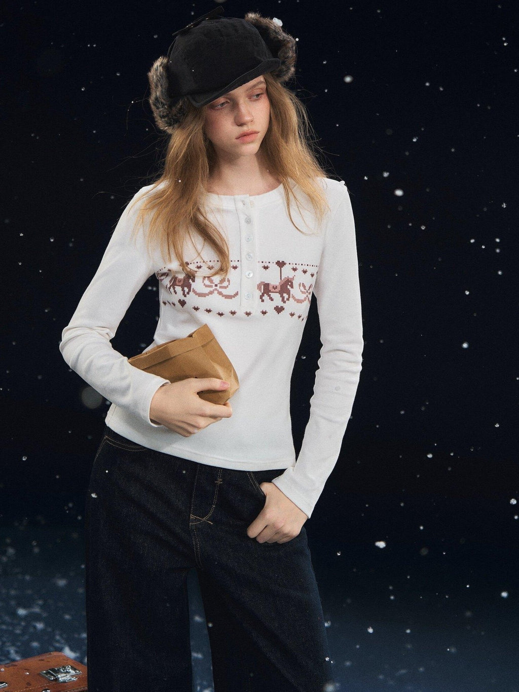 SOMESOWE Cotton Blend Lace Trim Casual Crew Neck Women Cartoon Print Sweaters