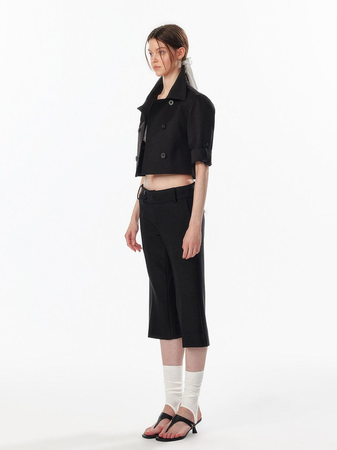 ALINNVSTUDIO Casual High Waist Double Breasted Cropped Black Cotton Blend Women Trench Coats