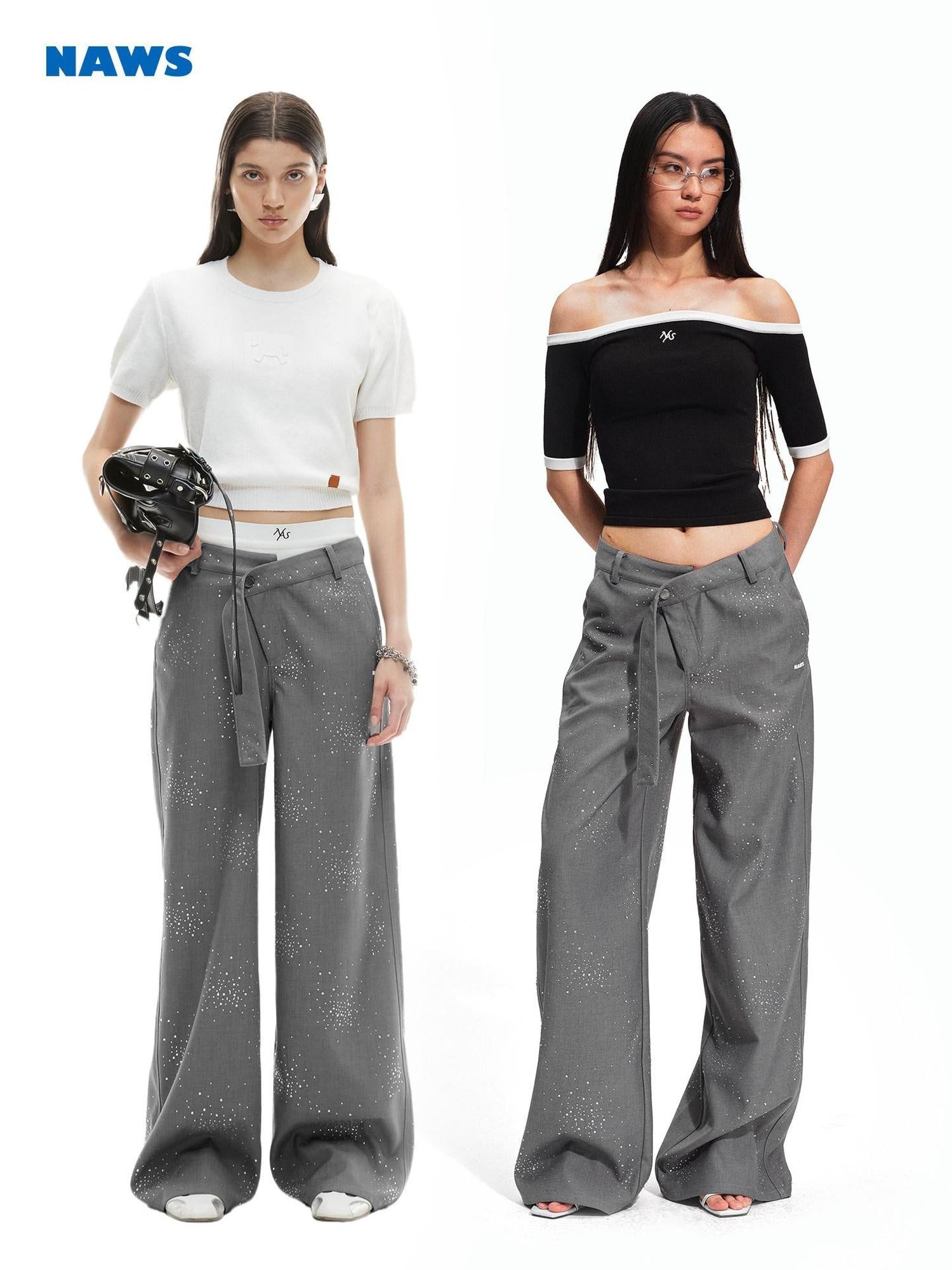 NAWSNOTAWEAR Rhinestone Low Rise Relaxed Women Button Closure Mist Gray Wide Leg Pants