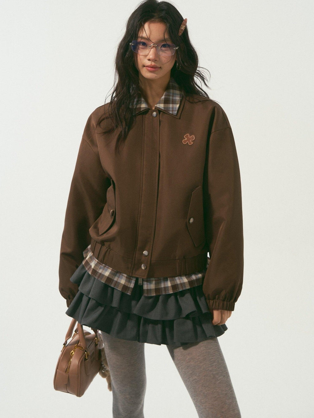 SOMESOWE Lightweight Polyester Loose Fit Casual Lapel Zipper Women Brown Bomber Jackets