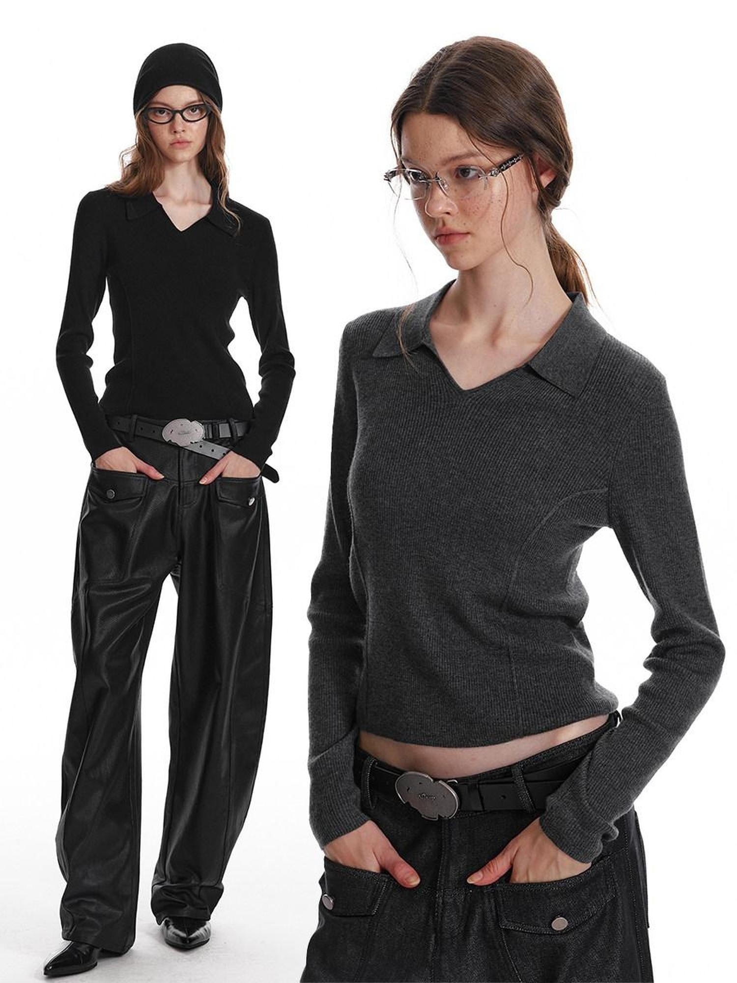 ALINNVSTUDIO Office Casual Two Piece Layered Vest Set Youth Solid Long Sleeve T-Shirts
