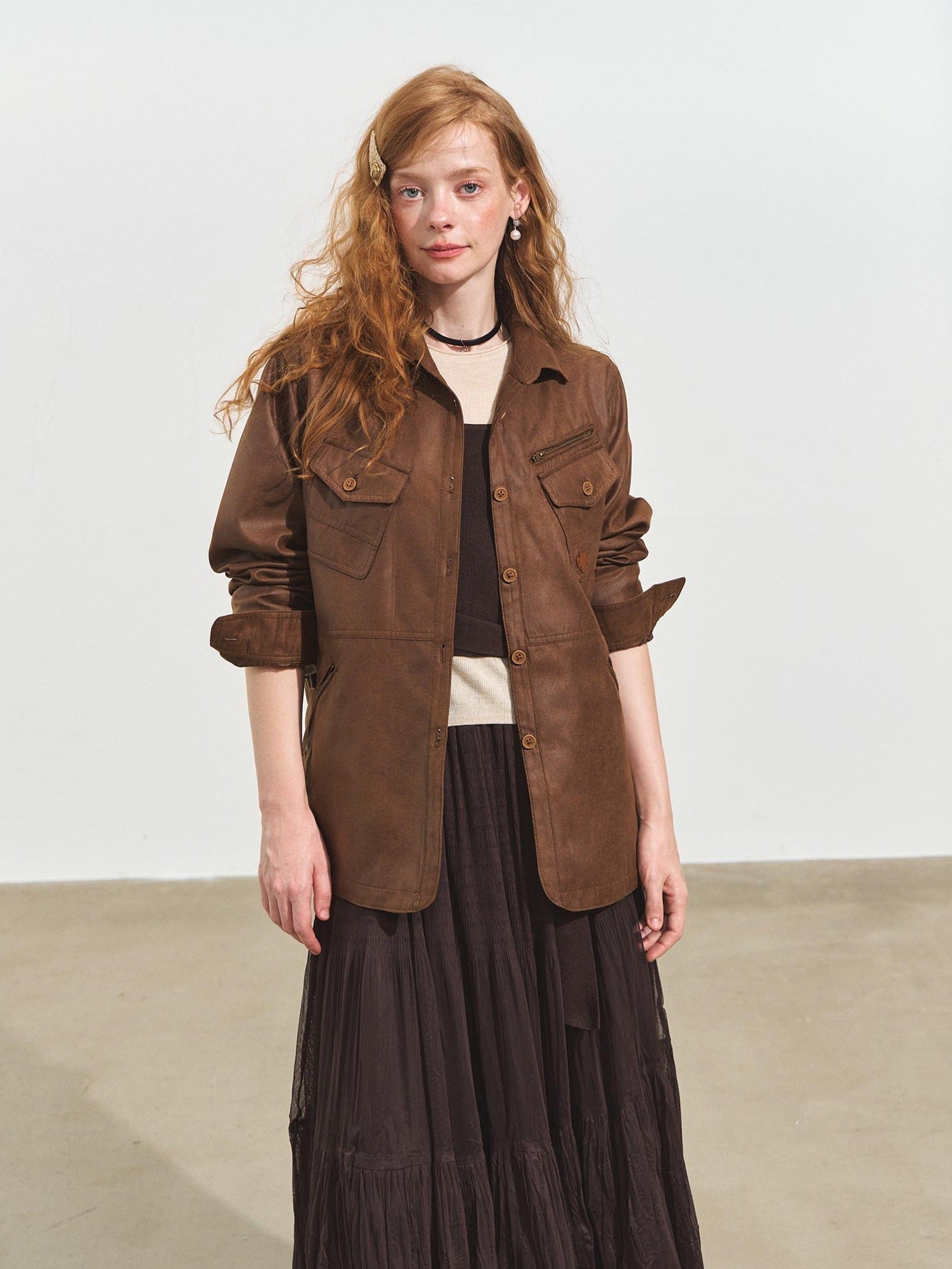 SOMESOWE Oversized Casual Pu Stand Collar Zip Flap Pocket Brown Women Leather Jackets