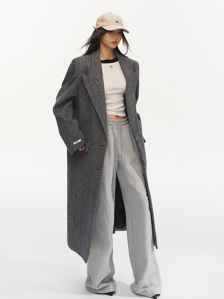 NAWSNOTAWEAR Herringbone Wool Blend Loose Fit Blazer Collar Women Single Breasted Wool Coats