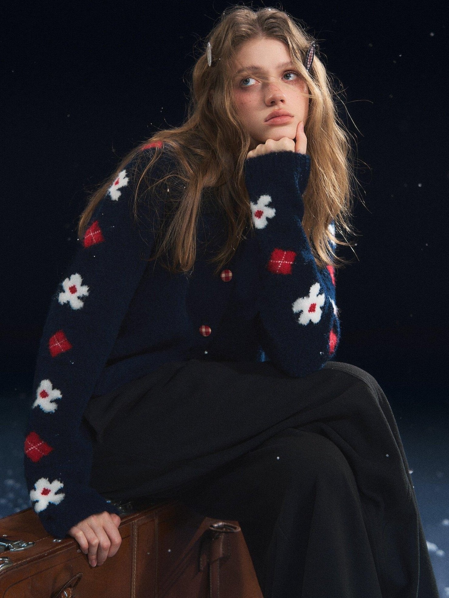 SOMESOWE Floral Embroidered Vintage Lapel Button Navy Long Sleeve Casual Women Cardigans