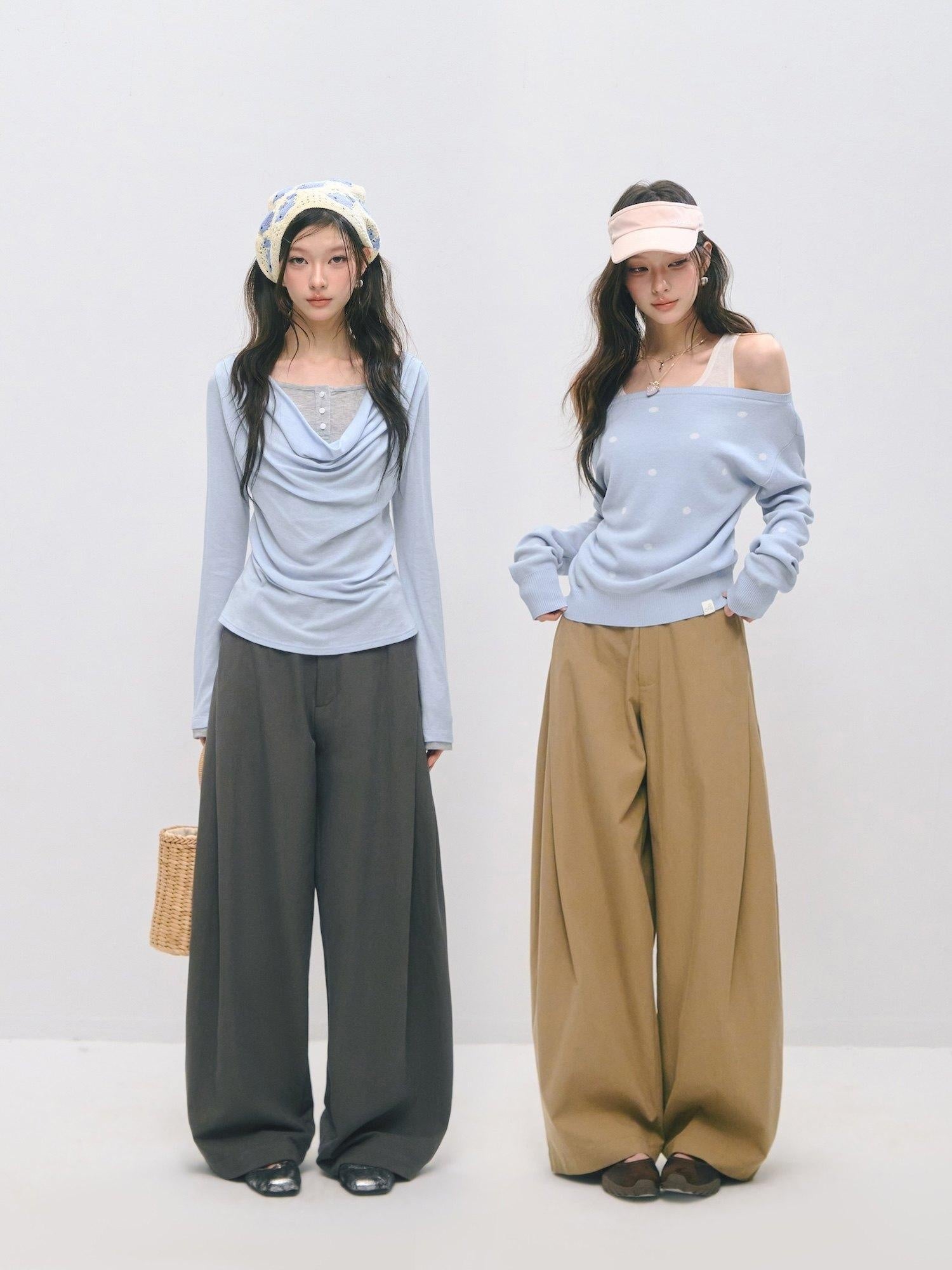 SOMESOWE Drawstring Pocket Relaxed Natural Waist Women Solid Khaki Grey Wide Leg Pants