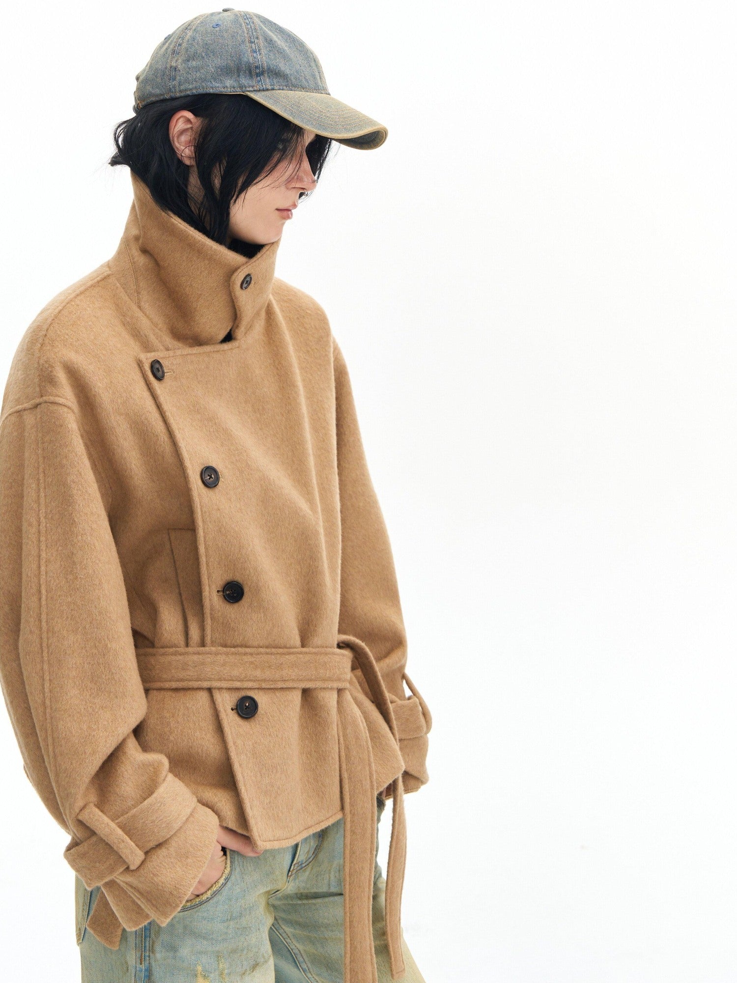 DeleteEx Thick Half Wool Blend American Cropped Lapel Young Women Khaki Wool Coats