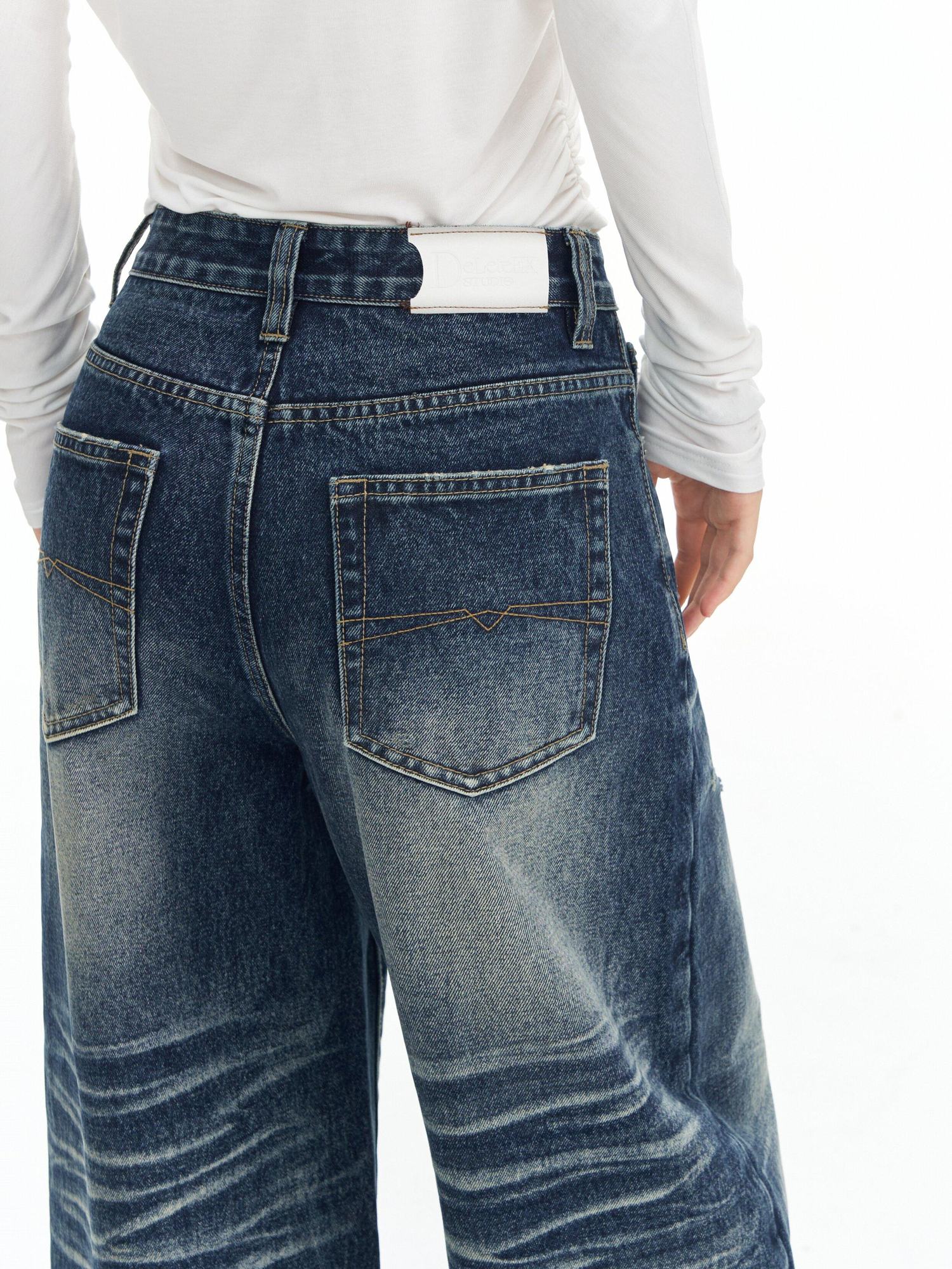 DeleteEx High Waist Mid Stretch Vintage Washed Loose Women Deep Blue Wide Leg Jeans