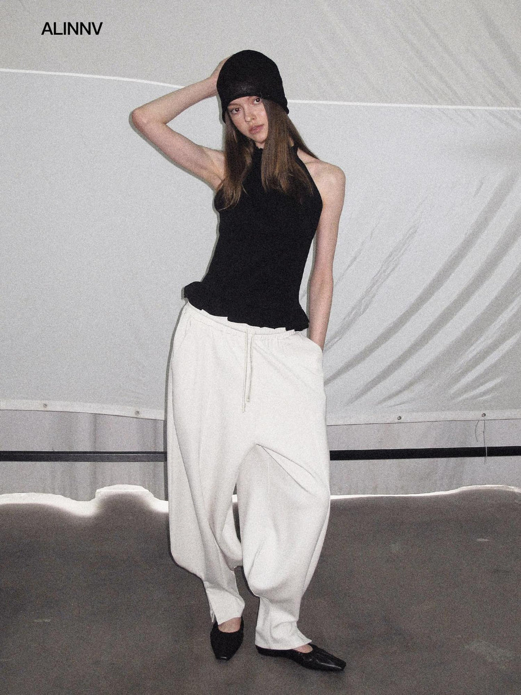 ALINNVSTUDIO Ruffle Trim Cropped Fitted Waist Halter Mock Neck Women Modal Blend Tank Tops