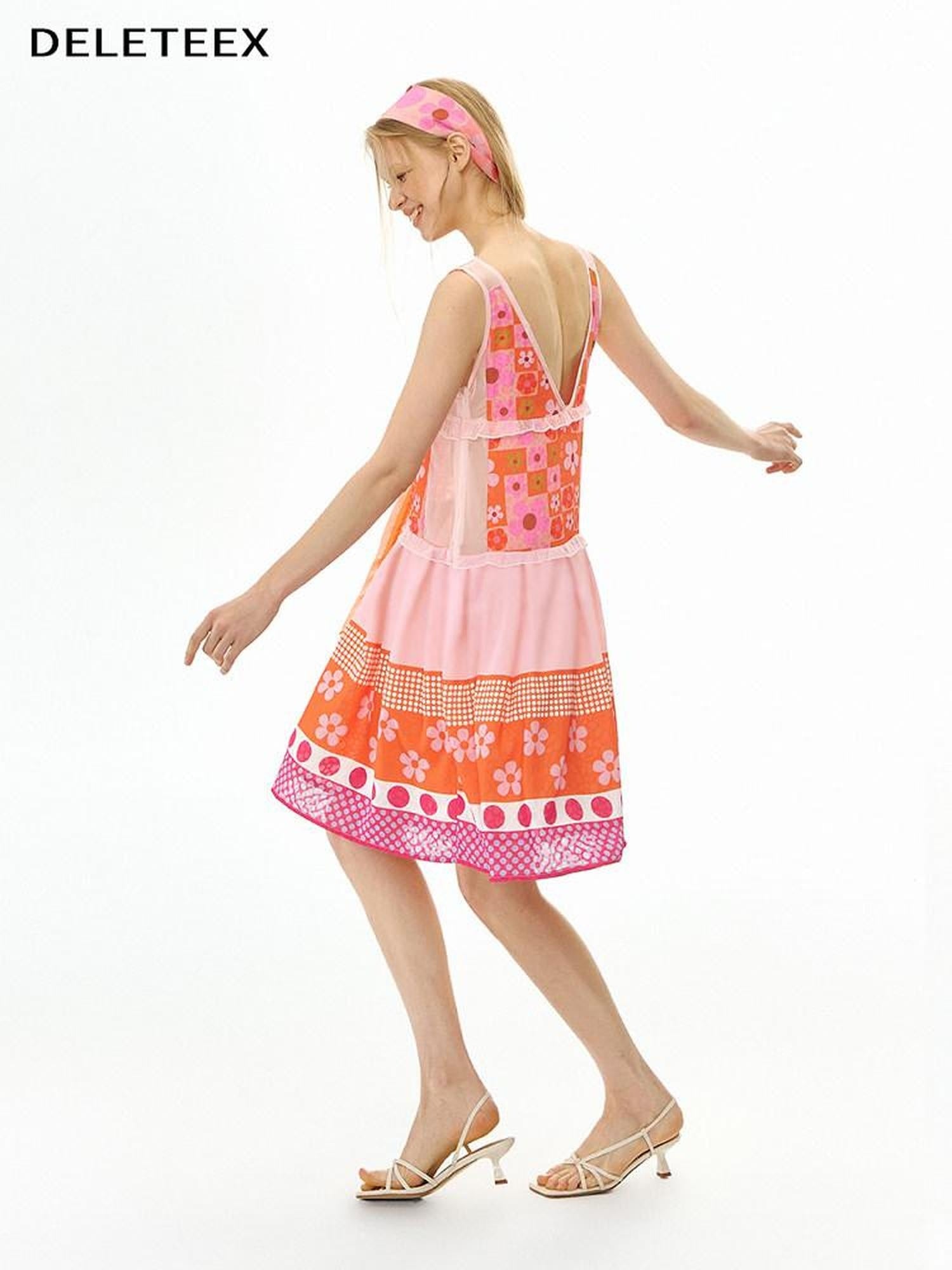 DeleteEx Vibrant Orange Red Floral Print A Line S M L Sizes Women Casual Mini Dresses