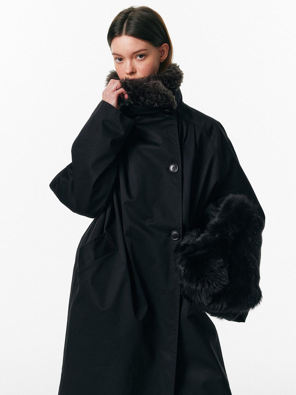 ALINNVSTUDIO 90% White Duck Down Long Stand Collar Single Breasted Women Black Down Jackets