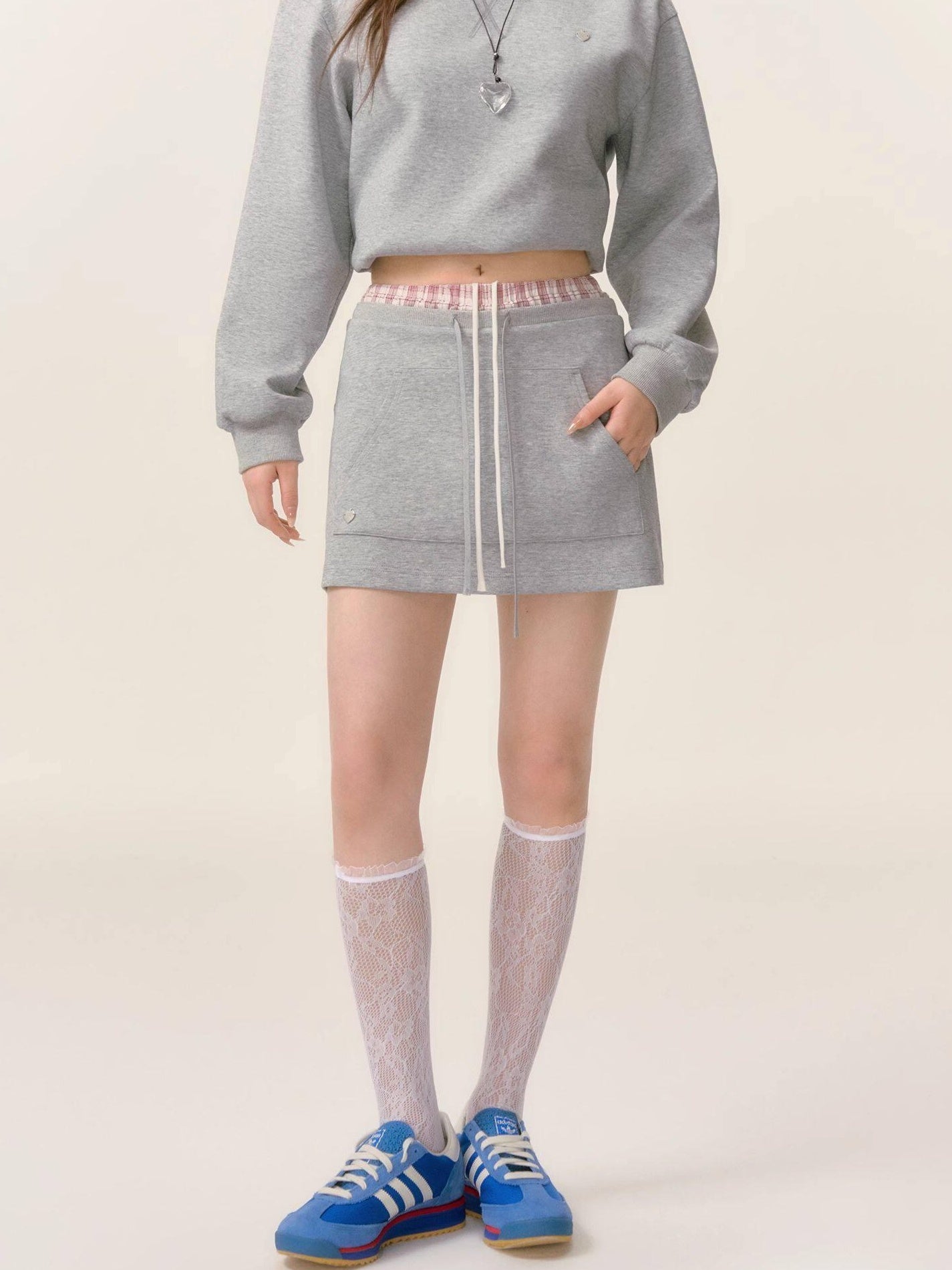 SOMESOWE Cotton Crew Long Sleeve Casual Mini Skirt Women Gray Navy Top & Skirt Sets