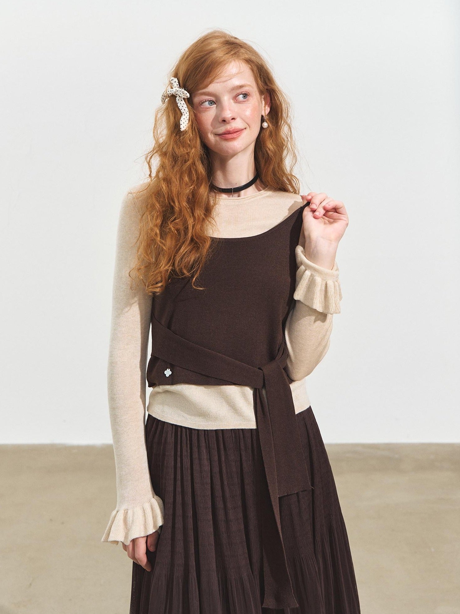 SOMESOWE Soft Casual Colorblock Asymmetrical Tie Faux Layered Womens Knit Sweaters