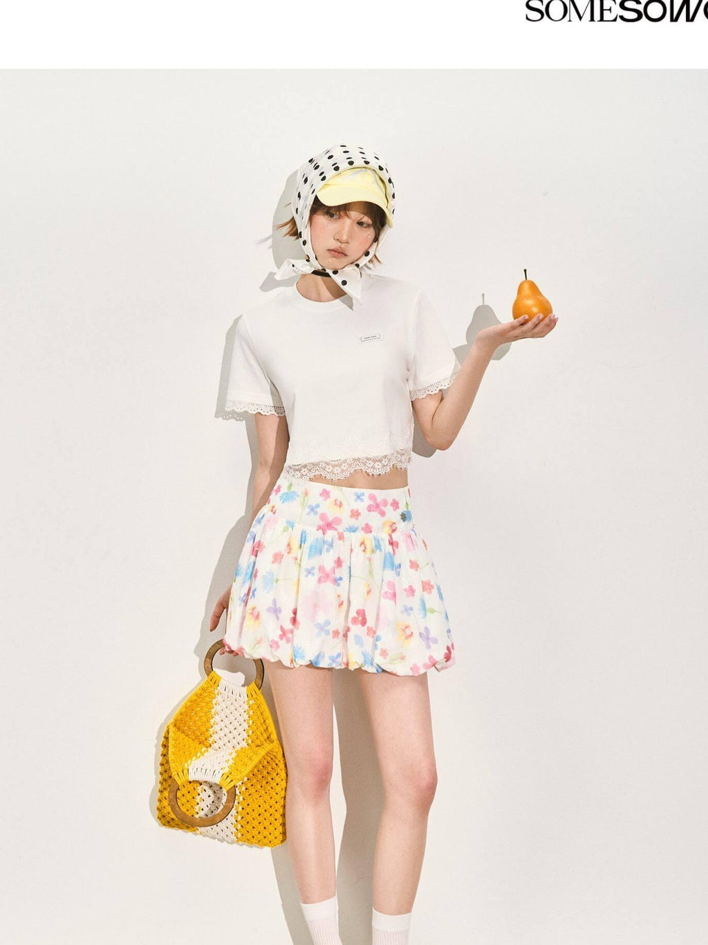 SOMESOWE Pleated A Line Mid Waist Loose Fit Casual Floral Pink Polyester Mini Skirts