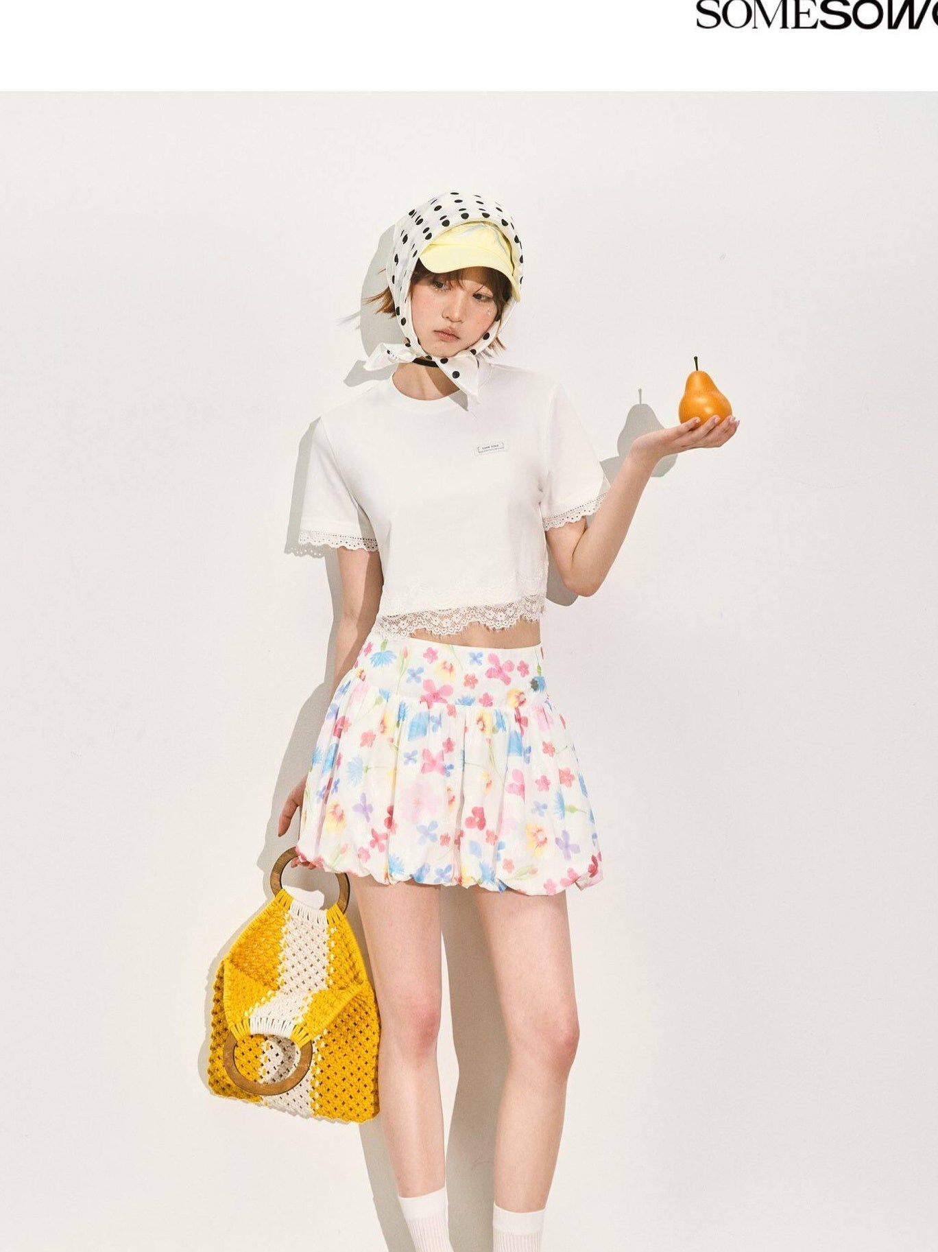 SOMESOWE Pleated A Line Mid Waist Loose Fit Casual Floral Pink Polyester Mini Skirts