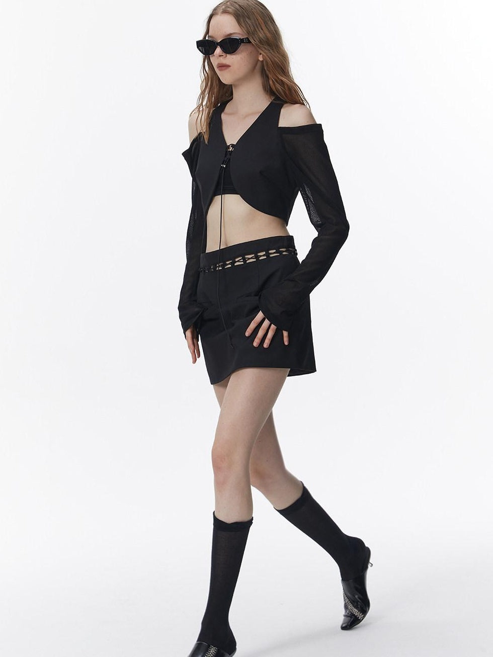 ALINNVSTUDIO Tie Front Long Sleeve Straight Fit Original Design Black Off Shoulder Crop Tops