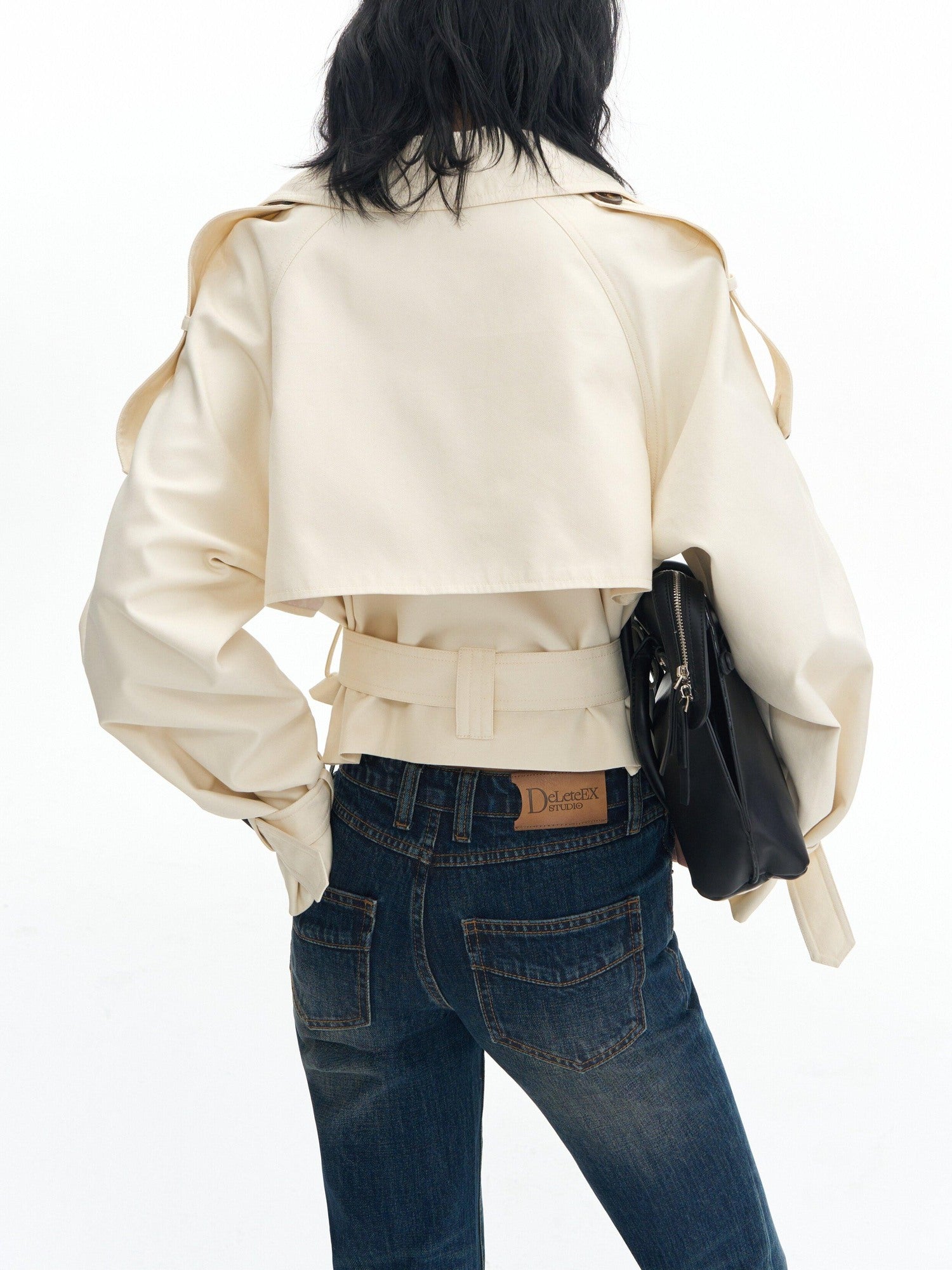 DeleteEx Cotton Blend Stand Collar Short Double Breasted London Off White Trench Coats