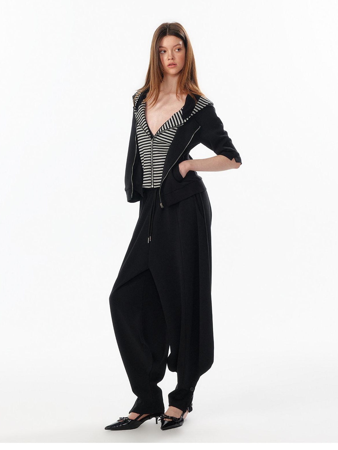 ALINNVSTUDIO Waist Slimming Cropped Zip Patchwork Raglan Hooded Pocket Ribbed Women Hoodie
