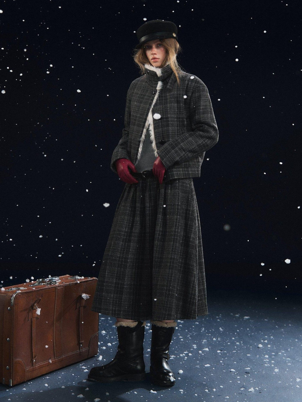 SOMESOWE Plaid Patchwork Oversized Jacket Loose Button Front Women Top & Skirt Sets