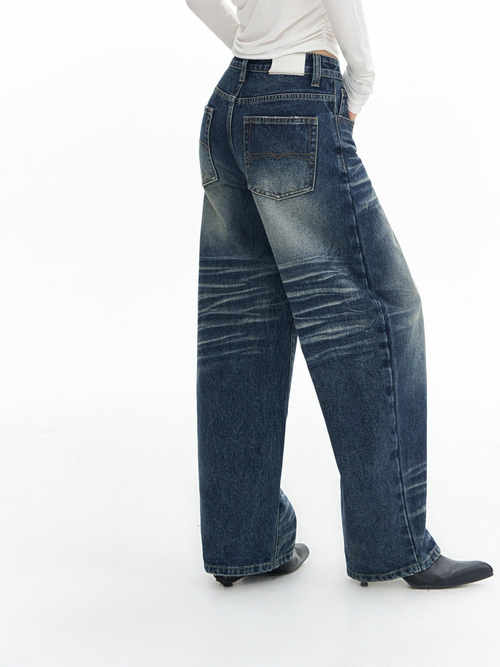 DeleteEx High Waist Mid Stretch Vintage Washed Loose Women Deep Blue Wide Leg Jeans