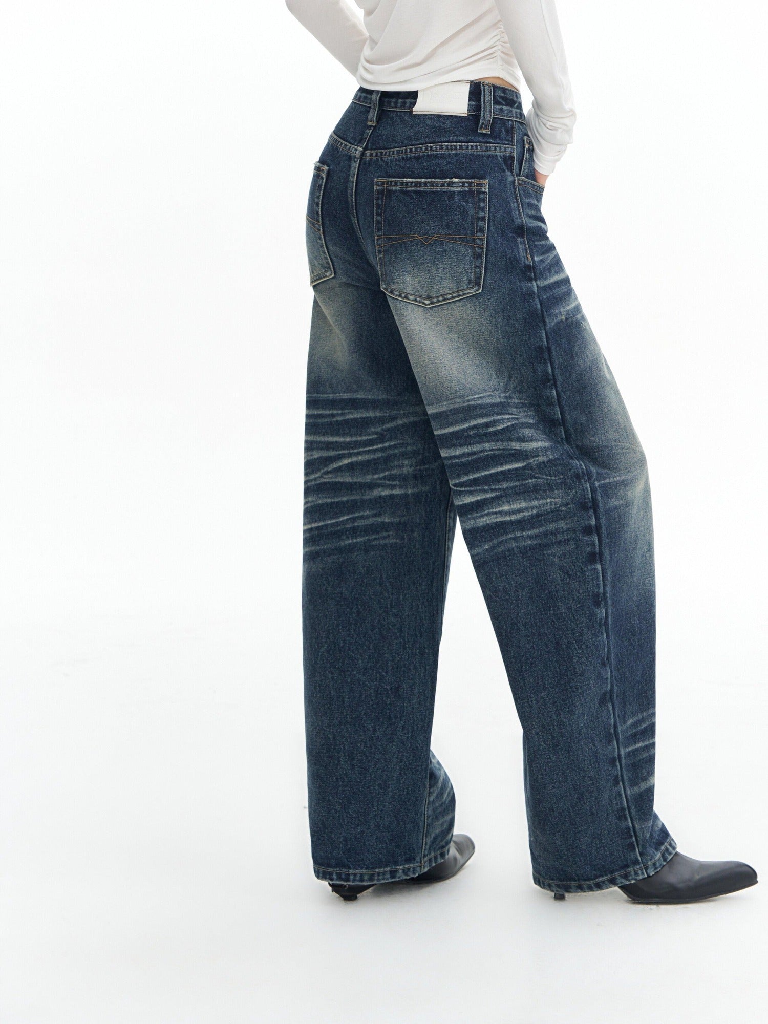 DeleteEx High Waist Mid Stretch Vintage Washed Loose Women Deep Blue Wide Leg Jeans