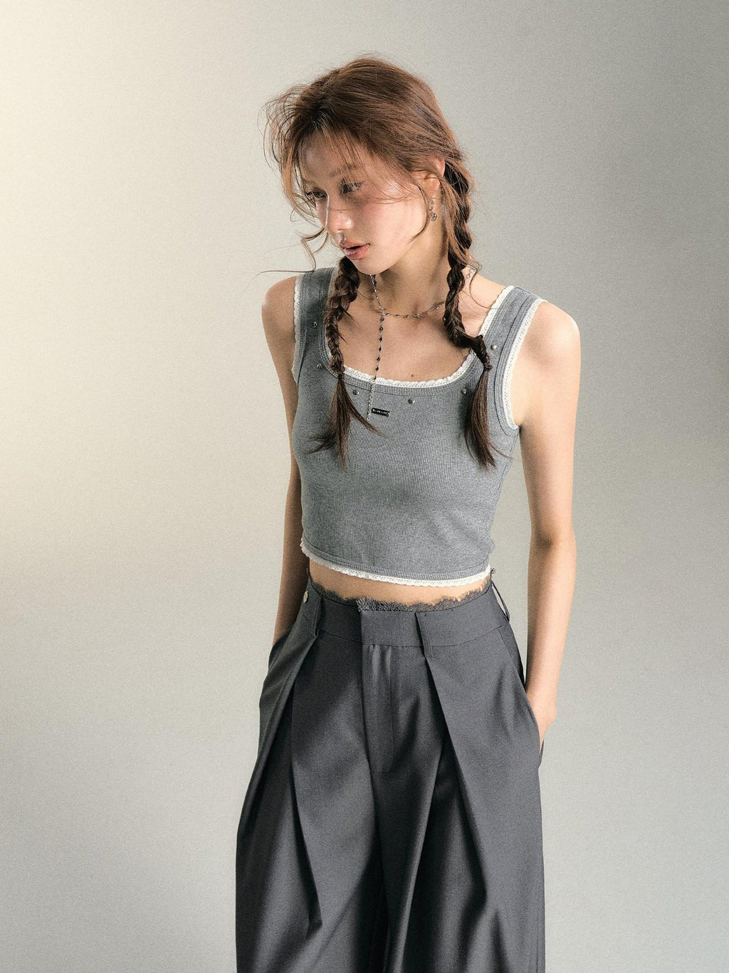 SOMESOWE Casual Lace Trim Patchwork Pocket Relaxed Natural Waist Women Wide Leg Pants