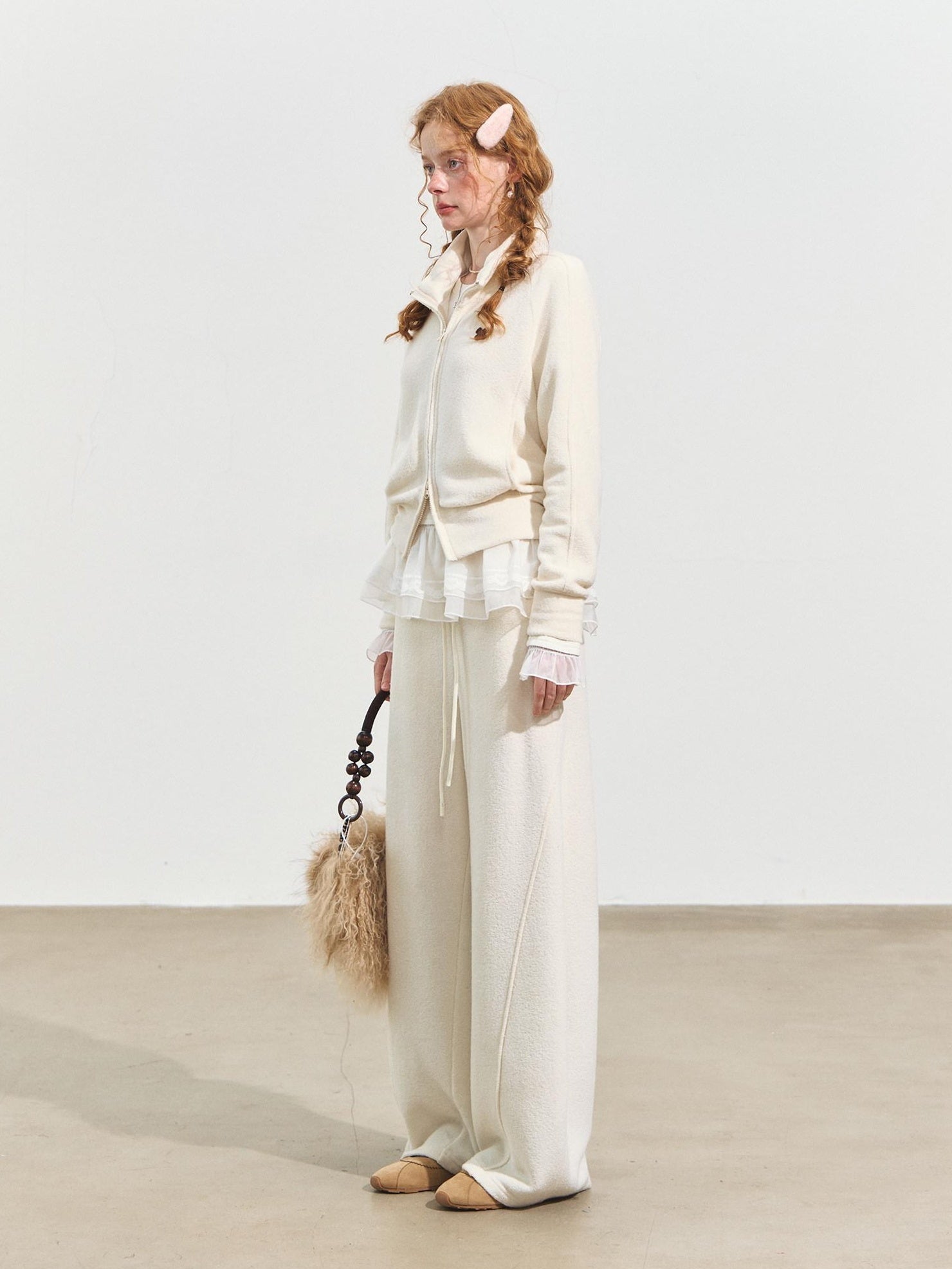 SOMESOWE Cropped Stand Collar Sweatshirt Loose Sexy Women Cream Pants Top & Pants Sets