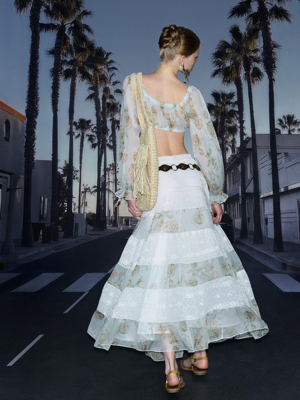 DeleteEx Soft Korean Tiered Mid Rise Loose Fit White Green Floral Patchwork Maxi Skirts