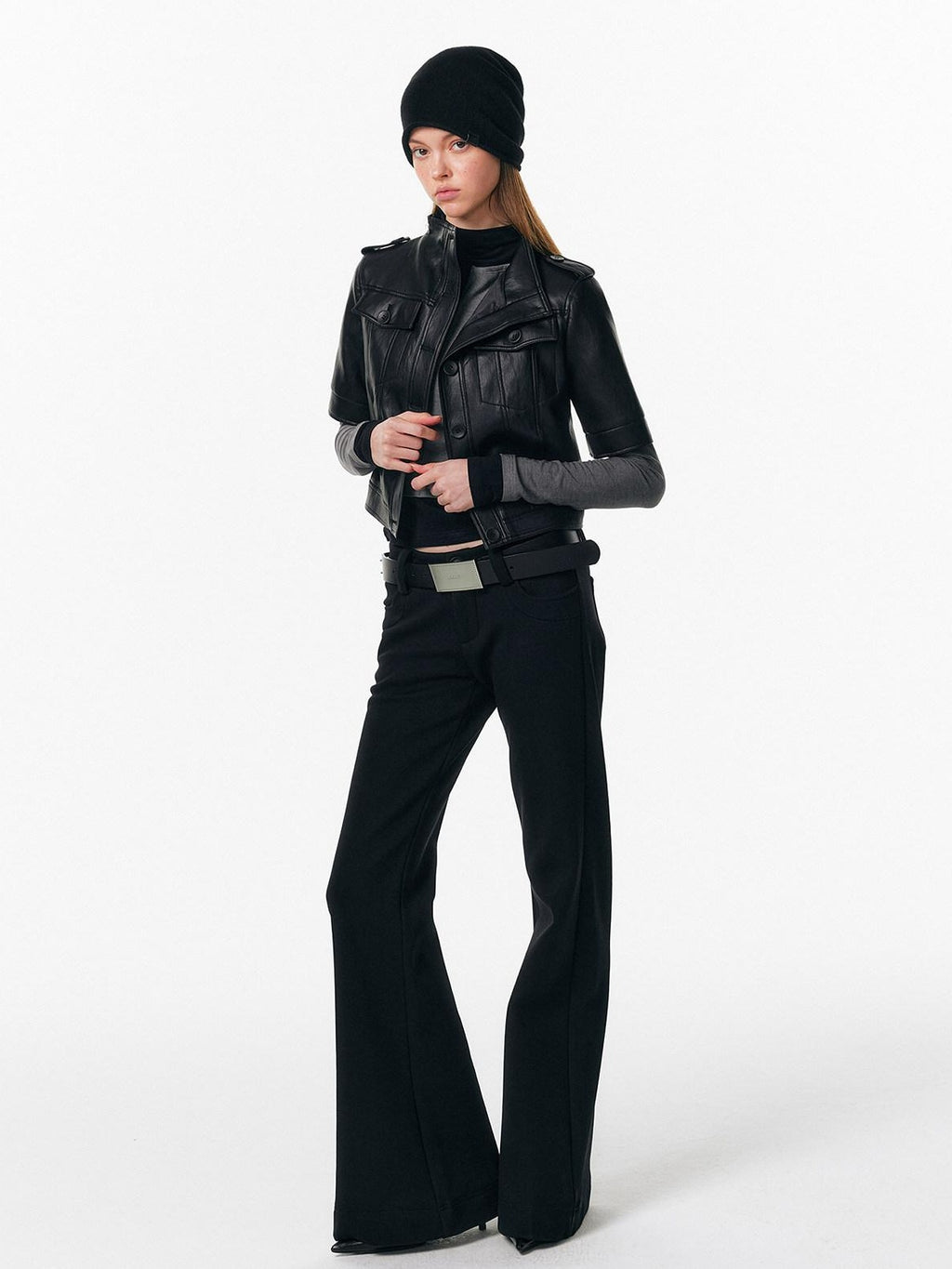 ALINNVSTUDIO Sleek Pu Slim Fit Cropped Short Sleeve Stand Collar Women Leather Jackets