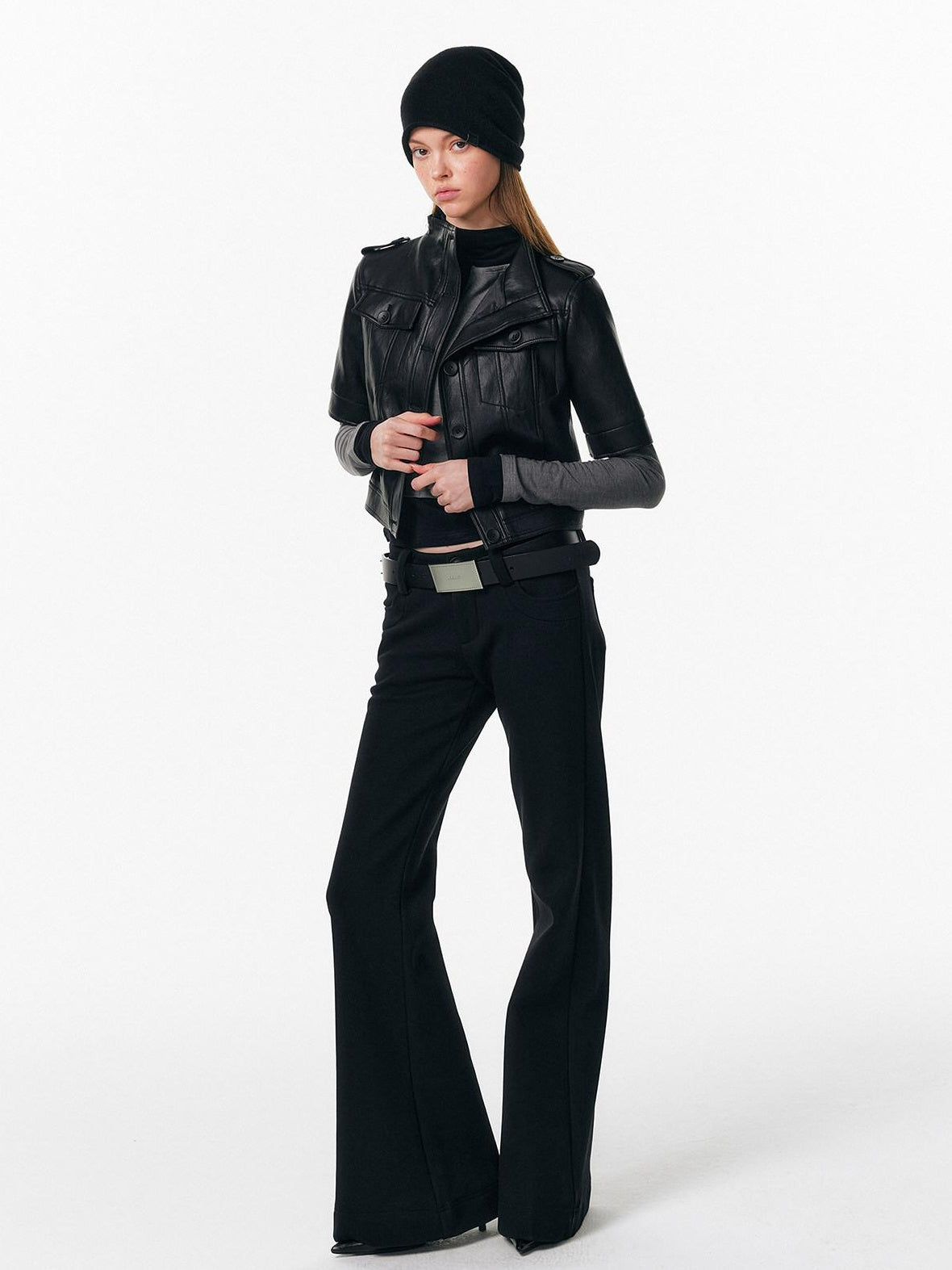 ALINNVSTUDIO Sleek Pu Slim Fit Cropped Short Sleeve Stand Collar Women Leather Jackets