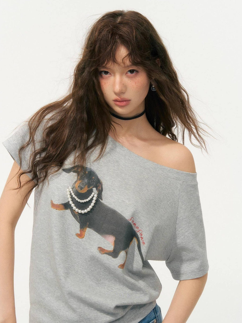 SOMESOWE Stretch Cotton Oversized Asymmetric Neck Animal Embroidered Short Sleeve T-Shirts