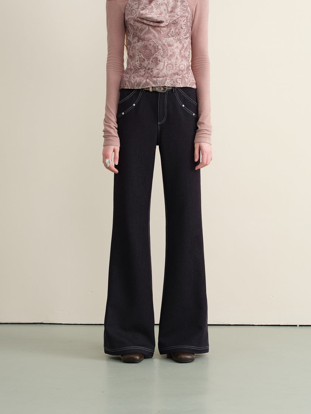 someonesometimes Stretch Minimal Natural Waist Topstitch Detail Women Midnight Blue Flared Jeans