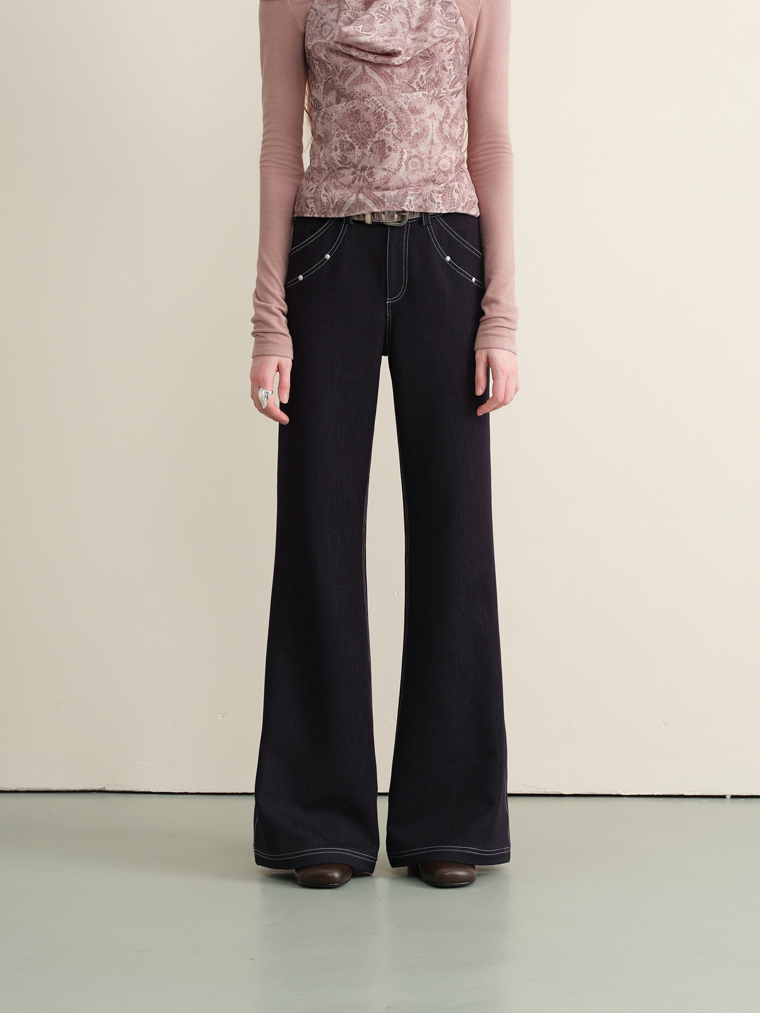 someonesometimes Stretch Minimal Natural Waist Topstitch Detail Women Midnight Blue Flared Jeans