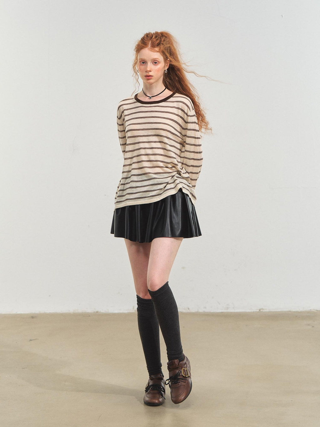 SOMESOWE Acrylic Knit Casual Slim Fit Striped Crew Neck Women Long Sleeve T-Shirts