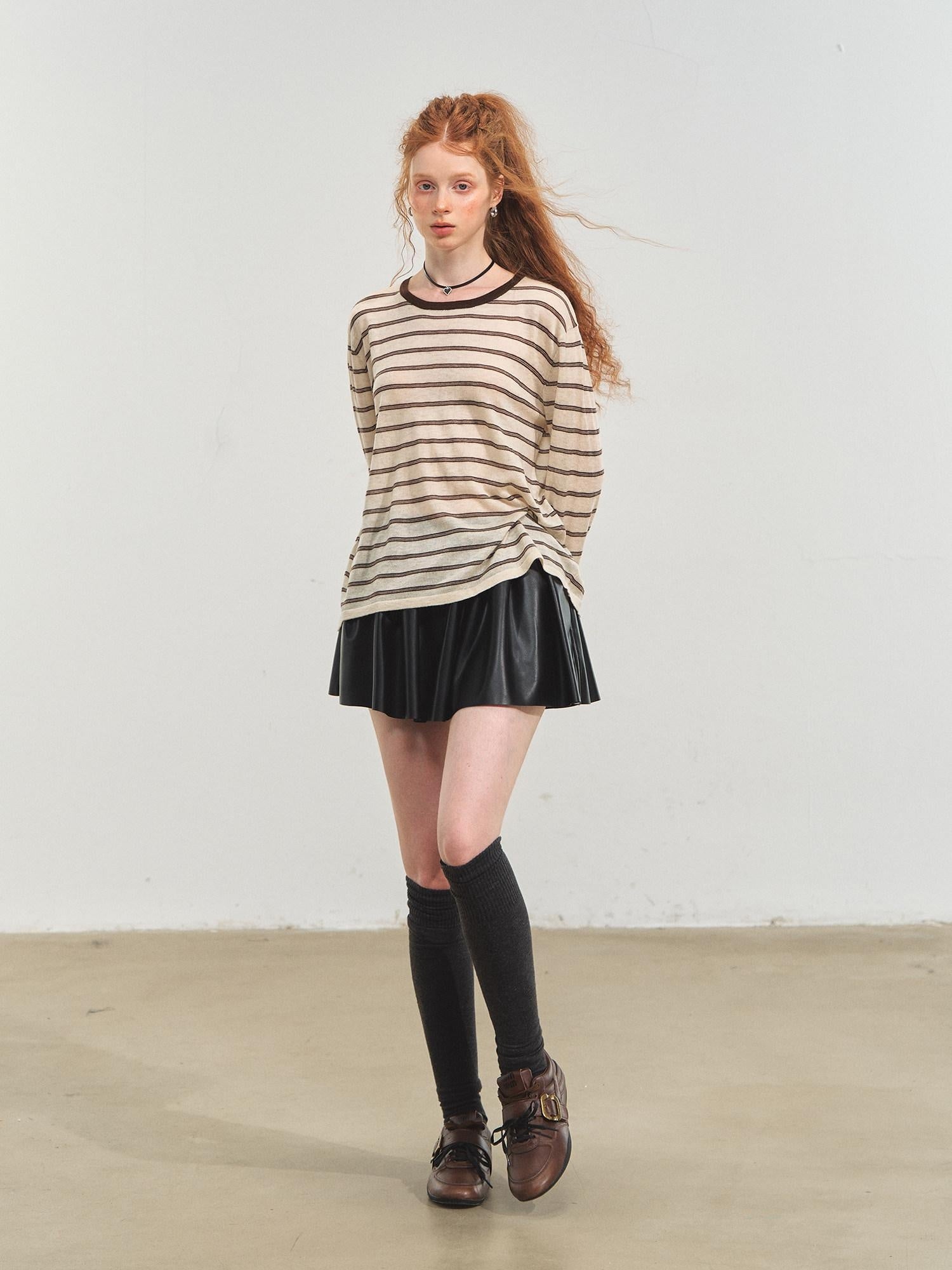 SOMESOWE Acrylic Knit Casual Slim Fit Striped Crew Neck Women Long Sleeve T-Shirts