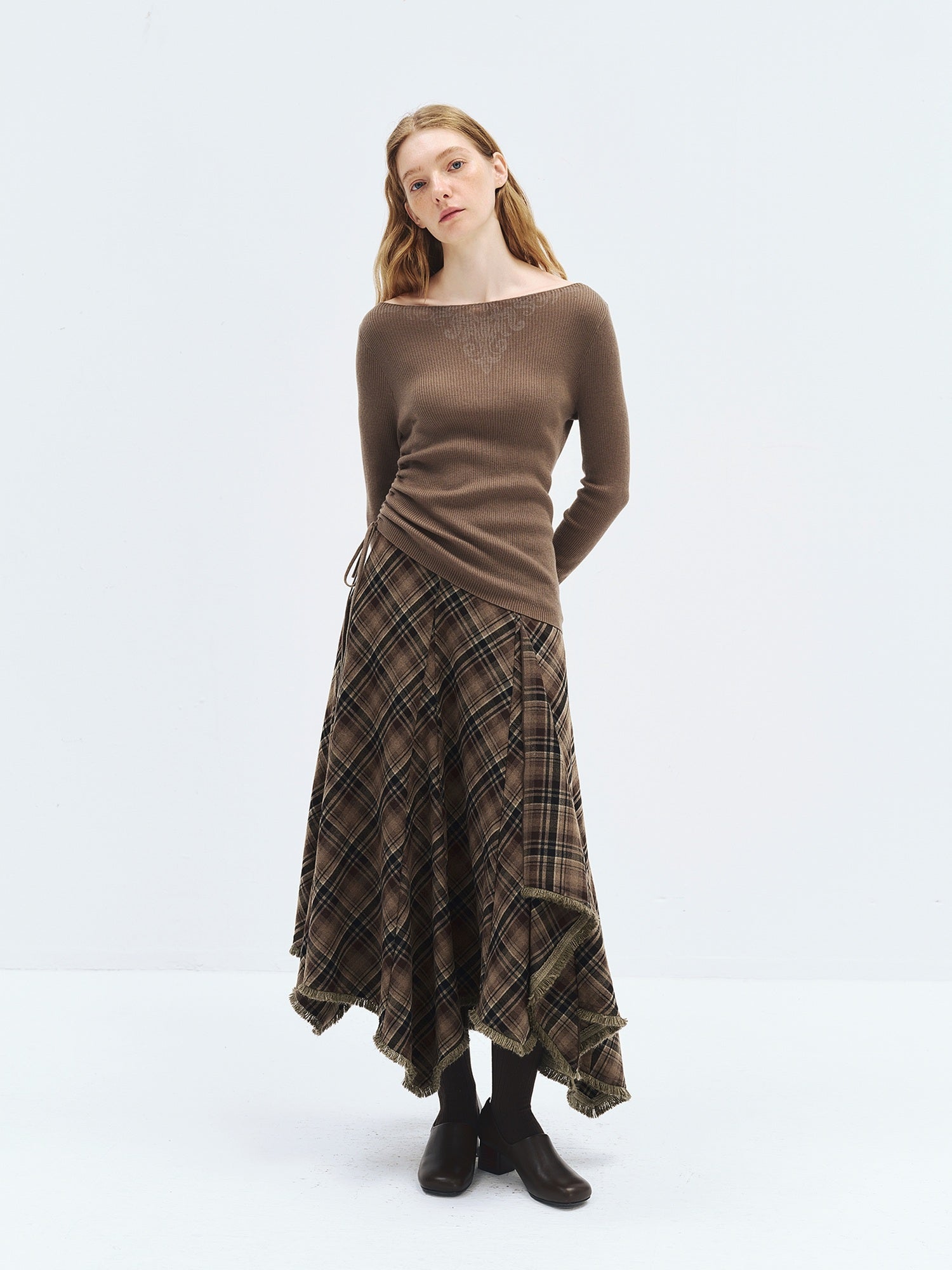 someonesometimes High Waist Vintage Irregular Hem Loose Fit Olive Check Casual Women Maxi Skirts