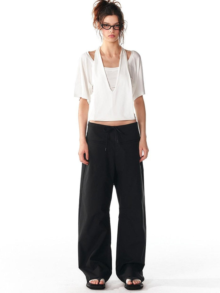 ALINNVSTUDIO Minimalist 100 Percent Polyester Low Waist Zip Fly Loose Wide Leg Pants
