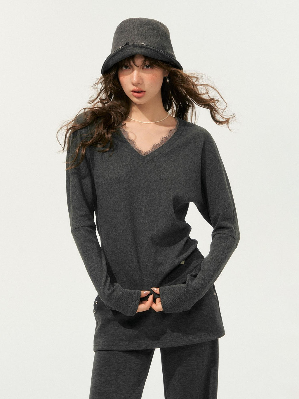 SOMESOWE Cozy Knit V-neck Cropped Batwing Top Loose Straight Pants Top & Pants Sets
