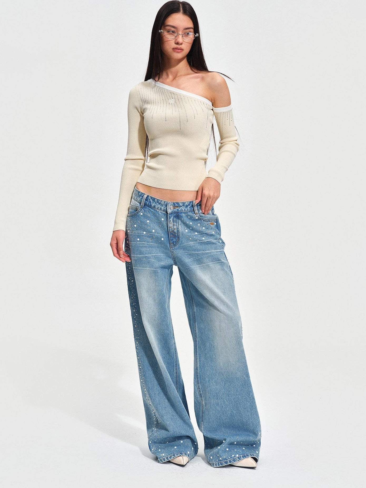 NAWSNOTAWEAR Rhinestone Embellished Vintage Low Waist Glacier Blue Wide Leg Jeans