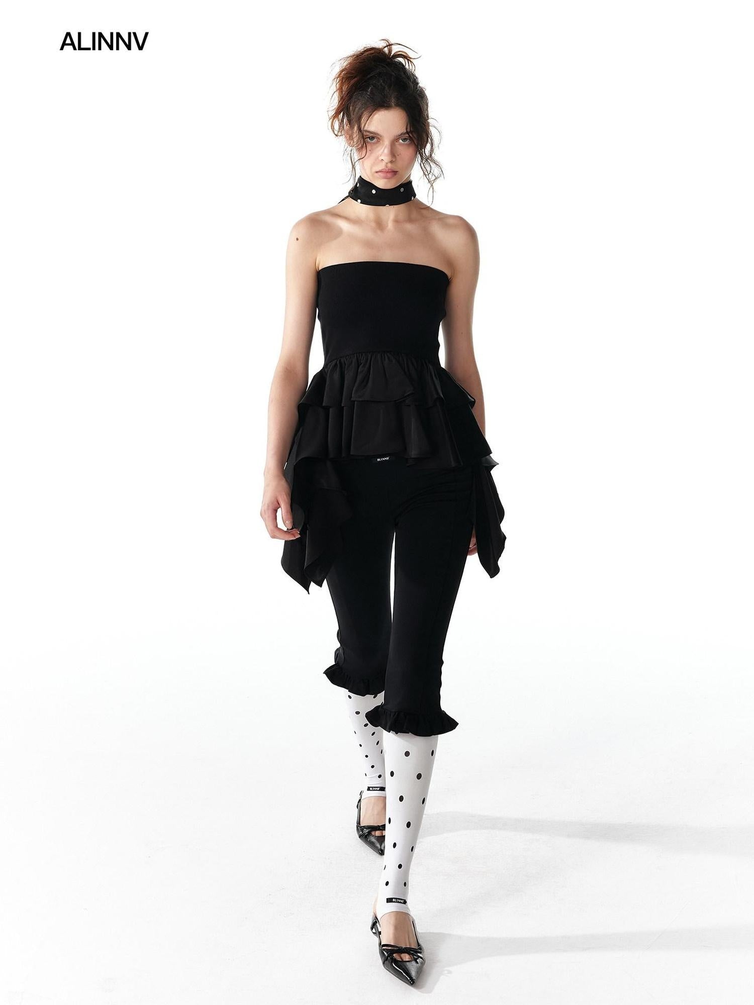 ALINNVSTUDIO Strappy Tie Detail Original Design Slim Fit Short Crop Black White Tube Tops